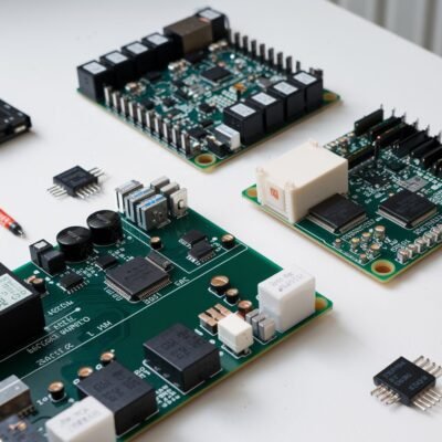 Trois cartes électroniques de développement sur une table