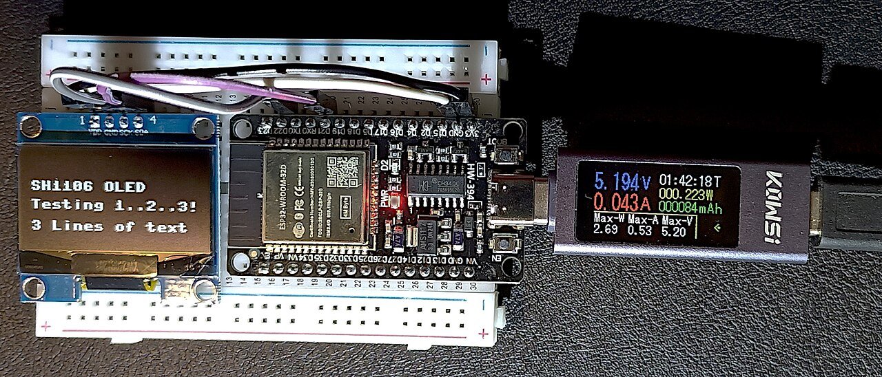 Carte ESP32 sur breadboard avec écran OLED et testeur USB affichant tension et courant