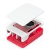Boîtier officiel Raspberry Pi 5 avec ventilateur rouge et blanc sur fond blanc