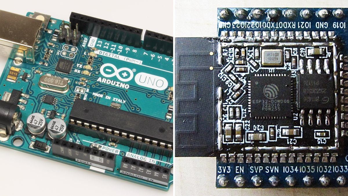 Carte Arduino Uno à gauche et module ESP32 d’Espressif à droite, pour comparer les deux cartes