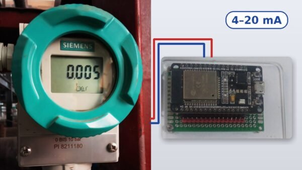 Transmetteur de pression industriel à afficheur relié par deux fils (signal 4-20 mA) à une carte de développement ESP32