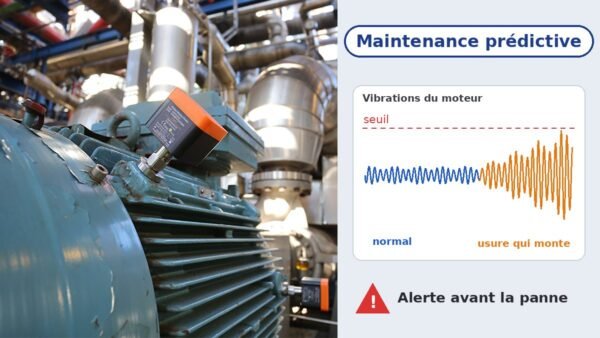 Capteur de vibrations fixé sur un moteur électrique industriel, avec une courbe de vibrations qui dépasse un seuil et une alerte avant la panne