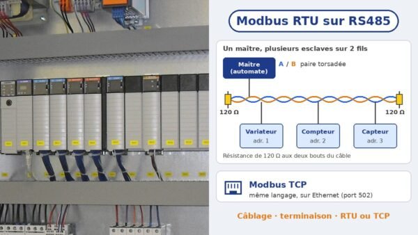 Automate dans une armoire électrique et schéma d'un bus Modbus RTU RS485 : un maître, trois esclaves reliés en chaîne par une paire torsadée A/B, résistance de 120 Ω à chaque bout, et Modbus TCP sur Ethernet port 502