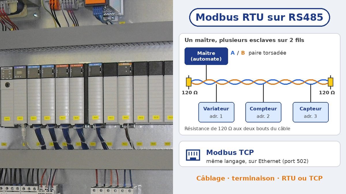Automate dans une armoire électrique et schéma d'un bus Modbus RTU RS485 : un maître, trois esclaves reliés en chaîne par une paire torsadée A/B, résistance de 120 Ω à chaque bout, et Modbus TCP sur Ethernet port 502