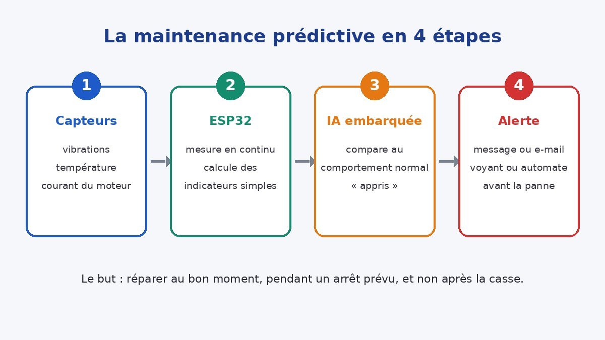 Schéma en 4 étapes : capteurs (vibrations, température, courant), ESP32, IA embarquée qui compare au comportement normal, puis alerte avant la panne